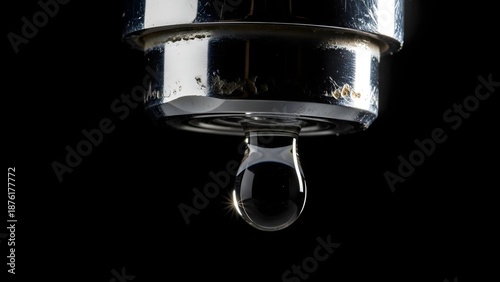 water flowing from a faucet, Single Water Drop Dripping from Chrome Kitchen Faucet on Black Background
