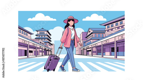 Vector illustration of a woman traveler walking with suitcase in a modern Japanese city street, urban tourism and travel lifestyle concept in flat style