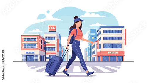 Vector illustration of a woman traveler walking with suitcase in a modern Japanese city street, urban tourism and travel lifestyle concept in flat style