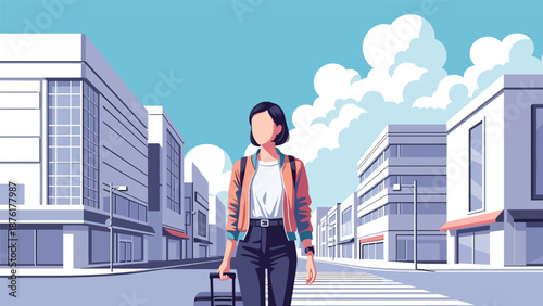 Vector illustration of a woman traveler walking with suitcase in a modern Japanese city street, urban tourism and travel lifestyle concept in flat style