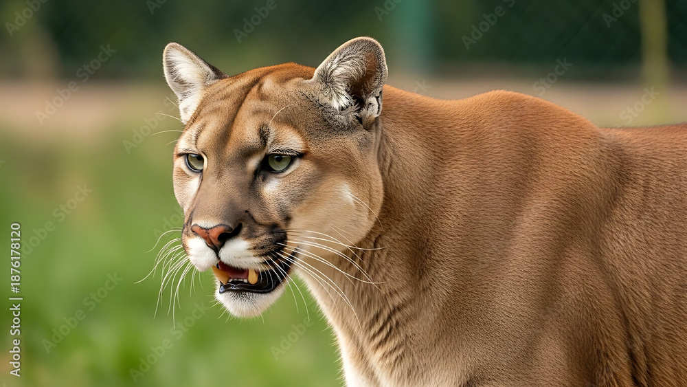 Obraz premium Cougar mountain lion walking through grassy field with open mouth showing teeth in natural habitat while sunlight illuminates golden fur and muscular body of wild feline predator during day time