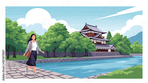 Flat vector illustration of a woman traveler walking along a riverside path in Japan, calm outdoor travel and nature lifestyle concept