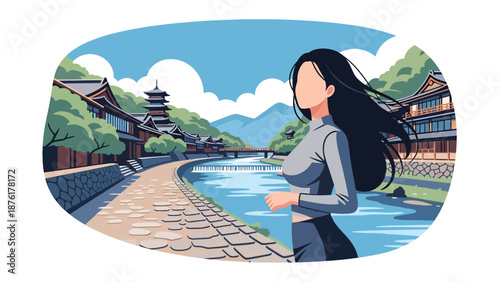 Flat vector illustration of a woman traveler walking along a riverside path in Japan, calm outdoor travel and nature lifestyle concept