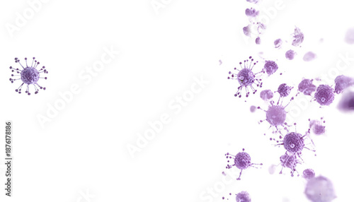 Illustration of purple virus particles on white background. Depicts microscopic viral structures, suitable for medical, biology, or science-related contexts.