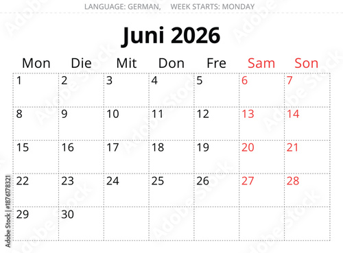 June 2026 German calendar – Juni. Vector illustration for Germany