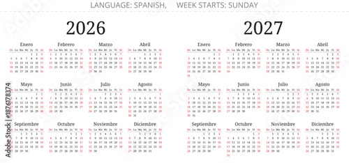 Spanish calendar for 2026 and 2027 years sunday week start