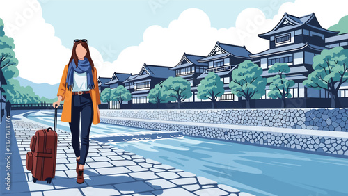 Flat vector illustration of a woman traveler walking along a riverside path in Japan, calm outdoor travel and nature lifestyle concept