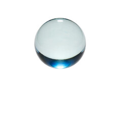 A clear, blue-tinted glass sphere paperweight, isolated on white background. Polished, reflective surface with smooth, round form, ideal for display or decorative use.