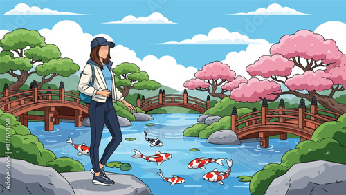 Vector illustration of a woman enjoying a traditional Japanese garden with pond and bridge, cultural travel and peaceful outdoor lifestyle concept