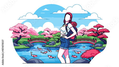 Vector illustration of a woman enjoying a traditional Japanese garden with pond and bridge, cultural travel and peaceful outdoor lifestyle concept