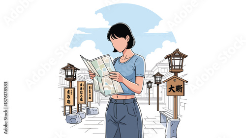Flat vector illustration of a woman traveler reading a map in a quiet Japanese town, independent travel and exploration lifestyle concept