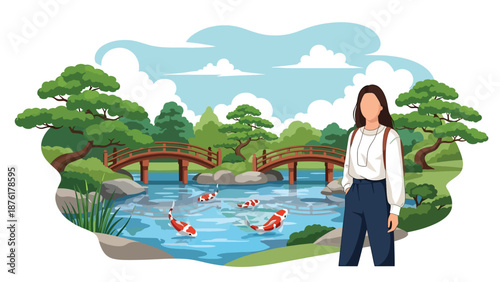 Vector illustration of a woman enjoying a traditional Japanese garden with pond and bridge, cultural travel and peaceful outdoor lifestyle concept