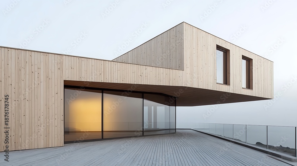 Fototapeta premium Modern minimalist wooden architecture features cantilevered upper volume with expansive curved glass windows overlooking a stark foggy landscape featuring a deck