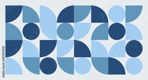 Fotografie A modern horizontal banner features a tessellation of blue circles and semicircles in varying shades, creating a clean Bauhaus-inspired geometric pattern