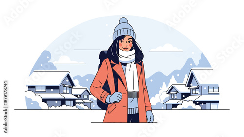 Vector illustration of a woman traveling in Japan during winter, wearing warm clothing with snowy scenery, seasonal tourism concept in flat style