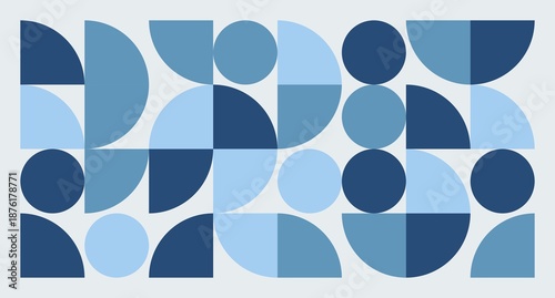 фотографія A modern horizontal banner features a tessellation of blue circles and semicircles in varying shades, creating a clean Bauhaus-inspired geometric pattern