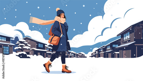 Vector illustration of a woman traveling in Japan during winter, wearing warm clothing with snowy scenery, seasonal tourism concept in flat style