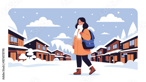 Vector illustration of a woman traveling in Japan during winter, wearing warm clothing with snowy scenery, seasonal tourism concept in flat style