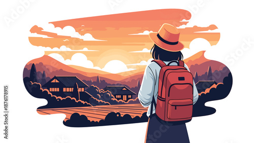 Flat vector illustration of a woman traveler watching sunset over Japanese countryside, peaceful evening travel lifestyle concept in solid colors