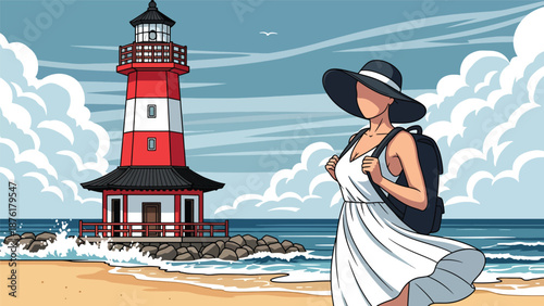Flat vector illustration of a woman traveler near a Japanese lighthouse by the sea, coastal exploration and peaceful travel lifestyle concept