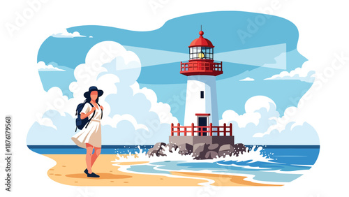 Flat vector illustration of a woman traveler near a Japanese lighthouse by the sea, coastal exploration and peaceful travel lifestyle concept