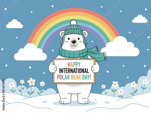 Happy international polar bear day illustration with rainbow and clouds