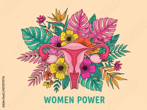 Empowering women power illustration with uterus and tropical flowers