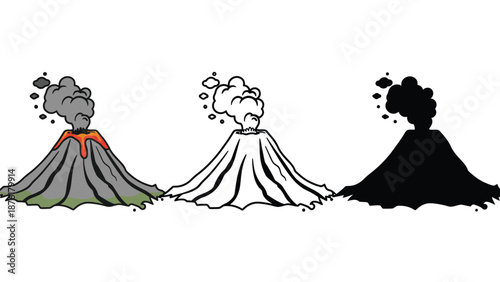 A colorful illustration of three volcanic mountains erupting in different styles