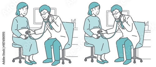 聴診器で診察する男性医師のイラストセット（白衣・妊婦・通常と体調不良）