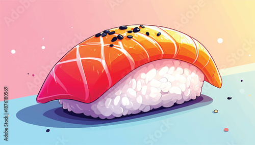 Vibrant Salmon Nigiri Sushi Illustration with Black Sesame Seeds.