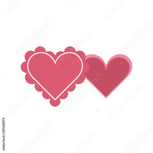 Two decorative pink hearts with scalloped edges are closely positioned against a white background symbolizing affection