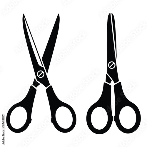 A simple illustration featuring two pairs of black scissors against a clean white background