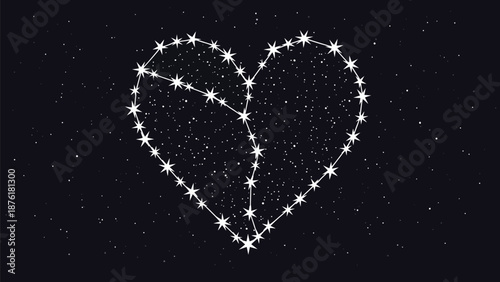 Stylized white heart constellation formed by bright shining stars connected with lines against a deep navy blue midnight starry night sky background