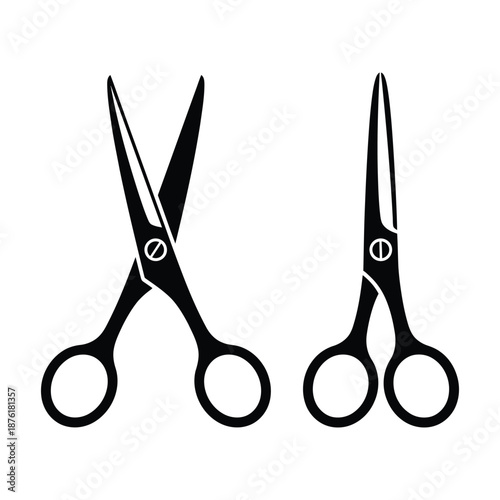 A simple black and white illustration depicting two pairs of scissors in a minimalist style