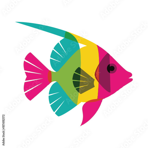 Vibrant tropical fish illustration featuring overlapping translucent color panels, creating a modern and stylized aquatic creature design with a flat graphic aesthetic