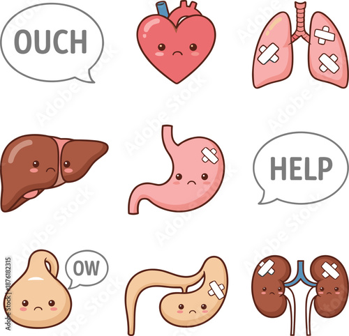 Set of Cute Kawaii Human Organ Characters with Sad Faces and Bandages for Health AwarenessSet of Cute Kawaii Human Organ Characters with Sad Faces and Bandages for Health Awareness