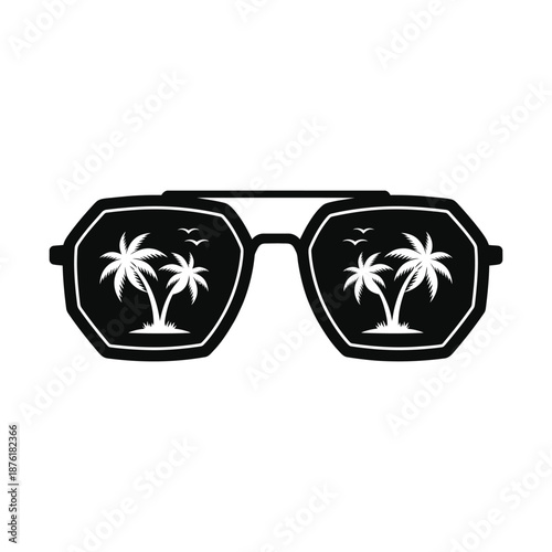 Stylish black sunglasses with a tropical palm tree reflection in each lens a summer vibe