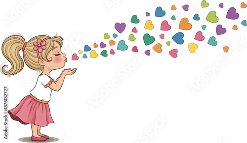 Adorable girl blowing colorful hearts in a sweet gesture of love and affection
