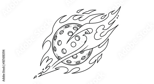 Pickleball flying through the air with stylized flames trailing behind it to represent speed and power in this detailed line art drawing.