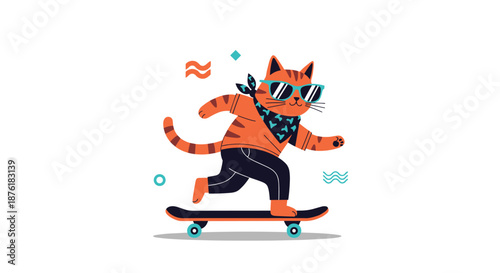 Orange tabby cat wearing teal sunglasses and a patterned bandana rides a skateboard on a white background with abstract graphic shapes.