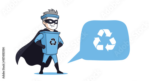 Superhero character wearing a blue bin costume and a black mask stands next to a speech bubble containing a white recycling symbol.