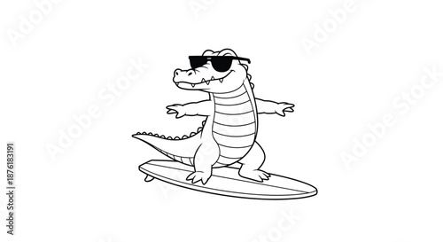 Athletic crocodile wearing sunglasses balances on a long surfboard as it glides over ocean waves in this simple black and white line art.