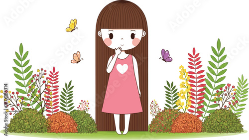 Cute girl in a pink dress standing in a whimsical garden with butterflies flying around