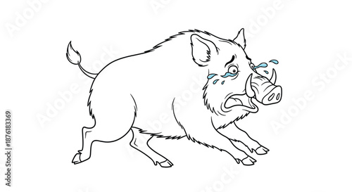 Wild boar cartoon character with tears flying from its eyes runs away in a panic with a worried expression in this line art drawing.