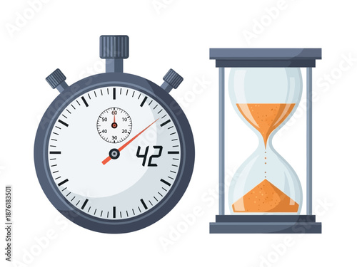 Diverse Time Measurement Tools A Modern Stopwatch and a Traditional Hourglass Symbolizing Elapsed Time and Approaching Deadlines