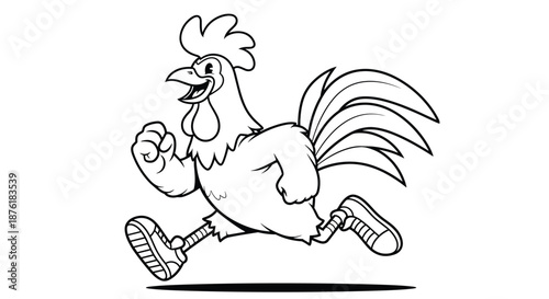 Athletic rooster character wearing sneakers runs fast with a determined expression in this simple black line art.