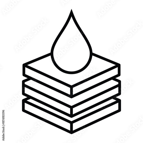A simplified black and white line drawing depicts stacked layers with a single droplet on top