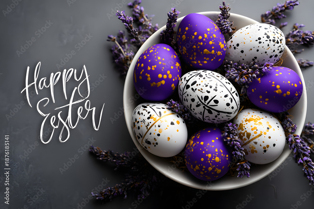 Obraz premium Happy Easter Schriftzug mit dekorierten Ostereiern in stilvoller Schale 