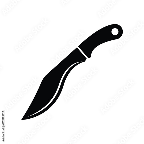 A simple black silhouette of a curved blade knife sharply pointed with a distinct handle design