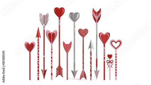 Collection of romantic heartshaped arrows in red and gray colors